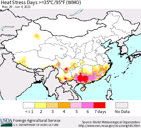 China, Mongolia and Taiwan Heat Stress Days >=35°C/95°F (WMO) Thematic Map For 5/29/2023 - 6/4/2023