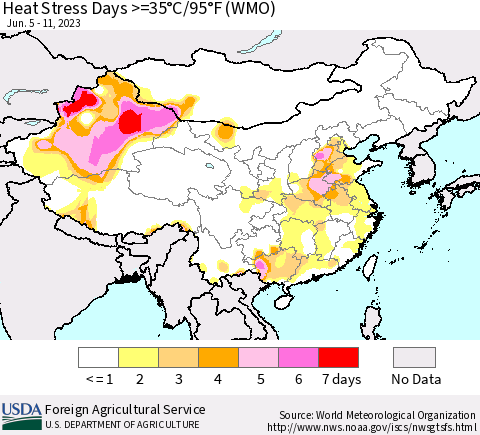 China, Mongolia and Taiwan Heat Stress Days >=35°C/95°F (WMO) Thematic Map For 6/5/2023 - 6/11/2023