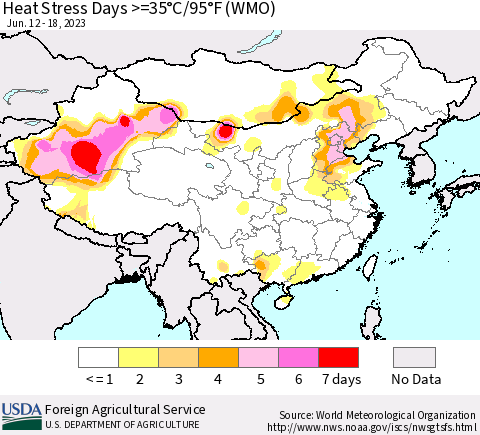 China, Mongolia and Taiwan Heat Stress Days >=35°C/95°F (WMO) Thematic Map For 6/12/2023 - 6/18/2023