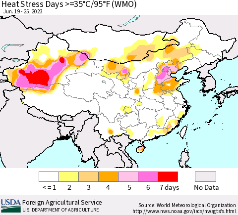China, Mongolia and Taiwan Heat Stress Days >=35°C/95°F (WMO) Thematic Map For 6/19/2023 - 6/25/2023