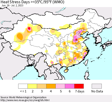 China, Mongolia and Taiwan Heat Stress Days >=35°C/95°F (WMO) Thematic Map For 6/26/2023 - 7/2/2023