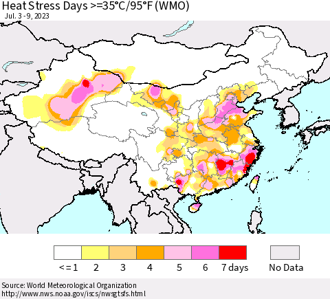 China, Mongolia and Taiwan Heat Stress Days >=35°C/95°F (WMO) Thematic Map For 7/3/2023 - 7/9/2023