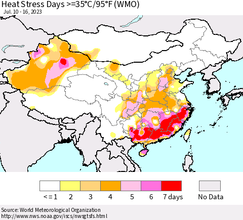 China, Mongolia and Taiwan Heat Stress Days >=35°C/95°F (WMO) Thematic Map For 7/10/2023 - 7/16/2023