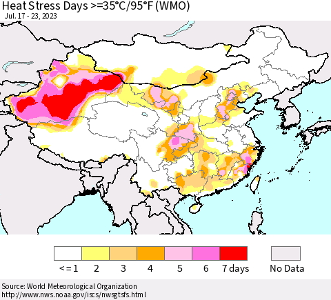 China, Mongolia and Taiwan Heat Stress Days >=35°C/95°F (WMO) Thematic Map For 7/17/2023 - 7/23/2023
