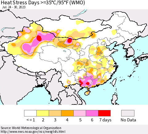 China, Mongolia and Taiwan Heat Stress Days >=35°C/95°F (WMO) Thematic Map For 7/24/2023 - 7/30/2023