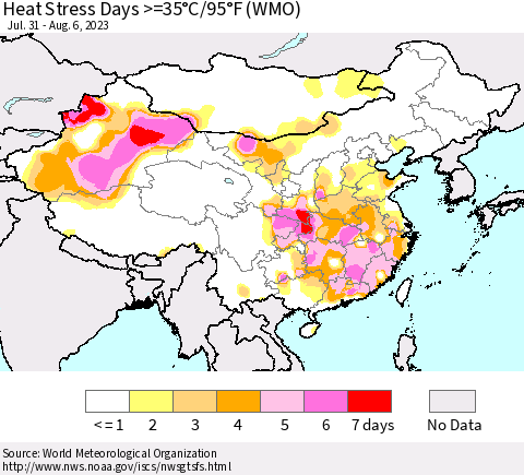 China, Mongolia and Taiwan Heat Stress Days >=35°C/95°F (WMO) Thematic Map For 7/31/2023 - 8/6/2023