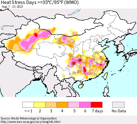 China, Mongolia and Taiwan Heat Stress Days >=35°C/95°F (WMO) Thematic Map For 8/7/2023 - 8/13/2023