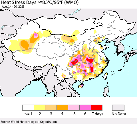 China, Mongolia and Taiwan Heat Stress Days >=35°C/95°F (WMO) Thematic Map For 8/14/2023 - 8/20/2023