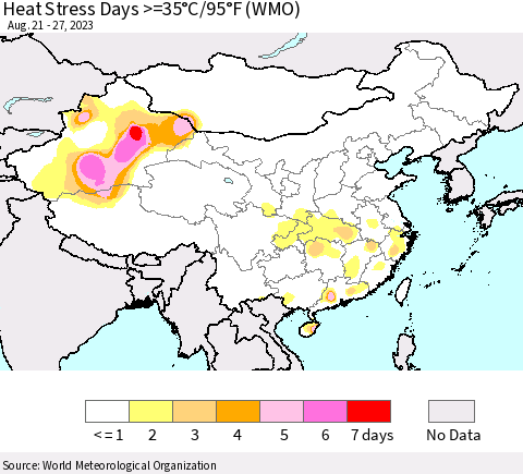 China, Mongolia and Taiwan Heat Stress Days >=35°C/95°F (WMO) Thematic Map For 8/21/2023 - 8/27/2023