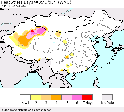 China, Mongolia and Taiwan Heat Stress Days >=35°C/95°F (WMO) Thematic Map For 8/28/2023 - 9/3/2023