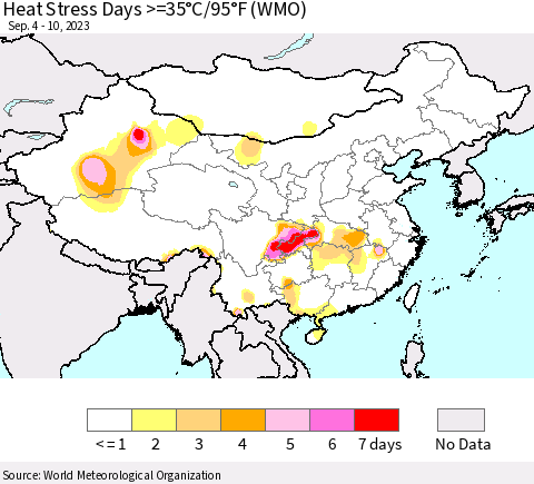 China, Mongolia and Taiwan Heat Stress Days >=35°C/95°F (WMO) Thematic Map For 9/4/2023 - 9/10/2023