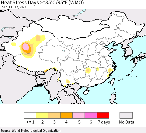 China, Mongolia and Taiwan Heat Stress Days >=35°C/95°F (WMO) Thematic Map For 9/11/2023 - 9/17/2023