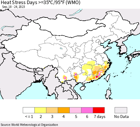 China, Mongolia and Taiwan Heat Stress Days >=35°C/95°F (WMO) Thematic Map For 9/18/2023 - 9/24/2023