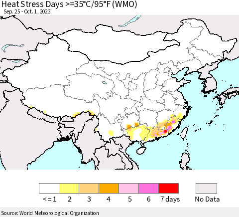 China, Mongolia and Taiwan Heat Stress Days >=35°C/95°F (WMO) Thematic Map For 9/25/2023 - 10/1/2023