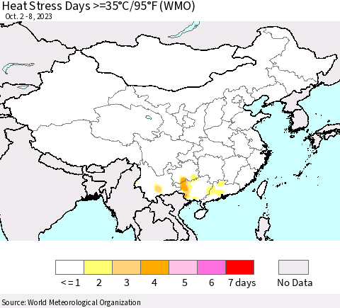 China, Mongolia and Taiwan Heat Stress Days >=35°C/95°F (WMO) Thematic Map For 10/2/2023 - 10/8/2023