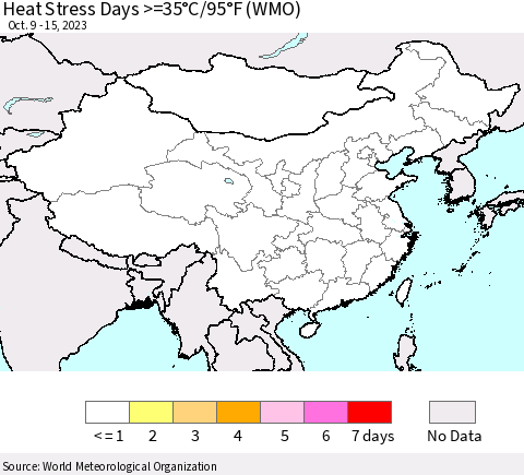 China, Mongolia and Taiwan Heat Stress Days >=35°C/95°F (WMO) Thematic Map For 10/9/2023 - 10/15/2023