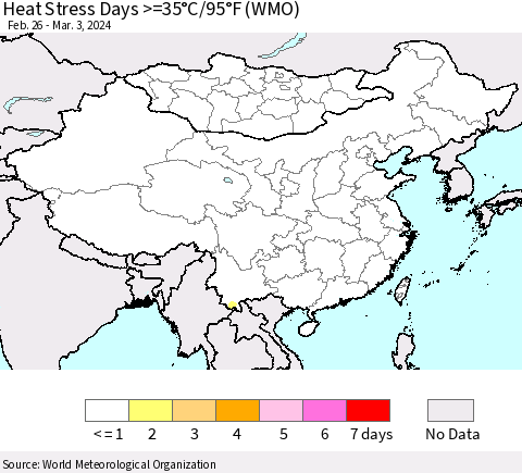 China, Mongolia and Taiwan Heat Stress Days >=35°C/95°F (WMO) Thematic Map For 2/26/2024 - 3/3/2024
