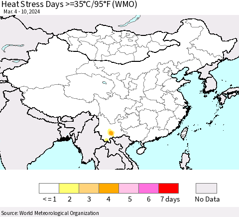 China, Mongolia and Taiwan Heat Stress Days >=35°C/95°F (WMO) Thematic Map For 3/4/2024 - 3/10/2024