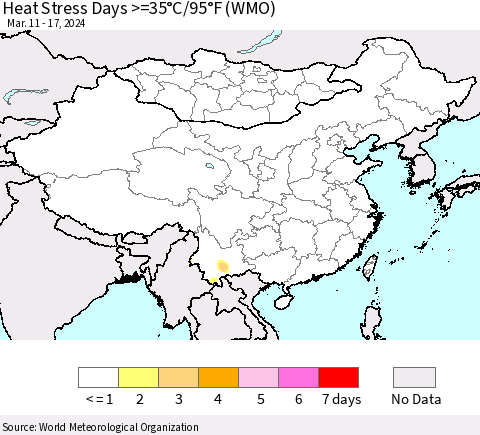 China, Mongolia and Taiwan Heat Stress Days >=35°C/95°F (WMO) Thematic Map For 3/11/2024 - 3/17/2024