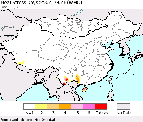 China, Mongolia and Taiwan Heat Stress Days >=35°C/95°F (WMO) Thematic Map For 4/1/2024 - 4/7/2024