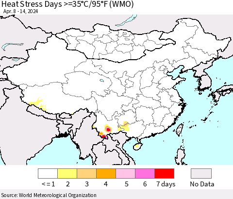 China, Mongolia and Taiwan Heat Stress Days >=35°C/95°F (WMO) Thematic Map For 4/8/2024 - 4/14/2024