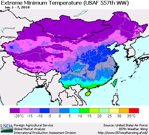 China, Mongolia and Taiwan Minimum Daily Temperature (USAF 557th WW) Thematic Map For 1/1/2018 - 1/7/2018