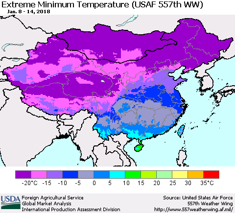 China, Mongolia and Taiwan Minimum Daily Temperature (USAF 557th WW) Thematic Map For 1/8/2018 - 1/14/2018