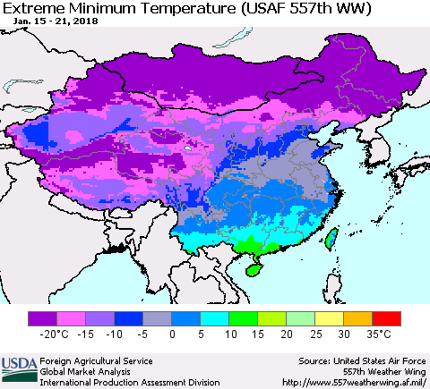 China, Mongolia and Taiwan Minimum Daily Temperature (USAF 557th WW) Thematic Map For 1/15/2018 - 1/21/2018