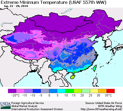 China, Mongolia and Taiwan Minimum Daily Temperature (USAF 557th WW) Thematic Map For 1/22/2018 - 1/28/2018