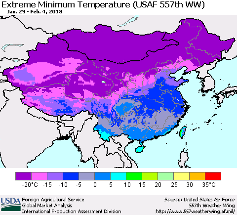 China, Mongolia and Taiwan Minimum Daily Temperature (USAF 557th WW) Thematic Map For 1/29/2018 - 2/4/2018