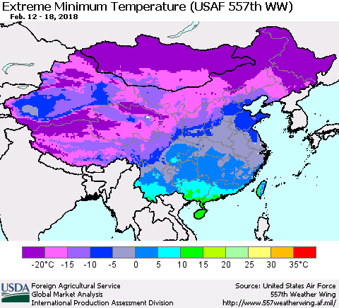 China, Mongolia and Taiwan Minimum Daily Temperature (USAF 557th WW) Thematic Map For 2/12/2018 - 2/18/2018