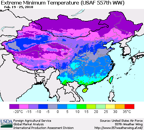 China, Mongolia and Taiwan Minimum Daily Temperature (USAF 557th WW) Thematic Map For 2/19/2018 - 2/25/2018