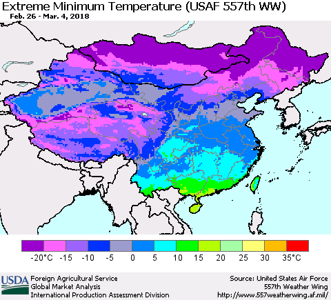 China, Mongolia and Taiwan Minimum Daily Temperature (USAF 557th WW) Thematic Map For 2/26/2018 - 3/4/2018