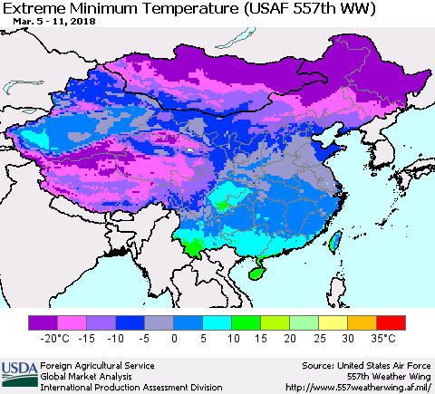 China, Mongolia and Taiwan Minimum Daily Temperature (USAF 557th WW) Thematic Map For 3/5/2018 - 3/11/2018