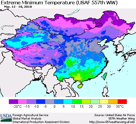 China, Mongolia and Taiwan Minimum Daily Temperature (USAF 557th WW) Thematic Map For 3/12/2018 - 3/18/2018