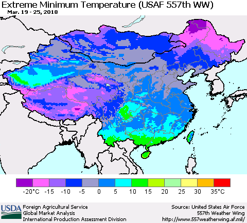 China, Mongolia and Taiwan Minimum Daily Temperature (USAF 557th WW) Thematic Map For 3/19/2018 - 3/25/2018