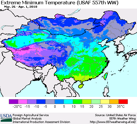China, Mongolia and Taiwan Minimum Daily Temperature (USAF 557th WW) Thematic Map For 3/26/2018 - 4/1/2018