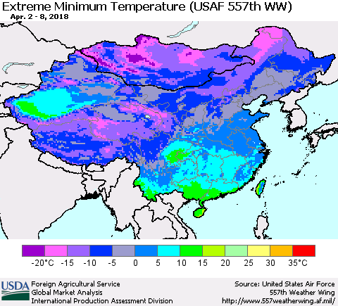 China, Mongolia and Taiwan Minimum Daily Temperature (USAF 557th WW) Thematic Map For 4/2/2018 - 4/8/2018