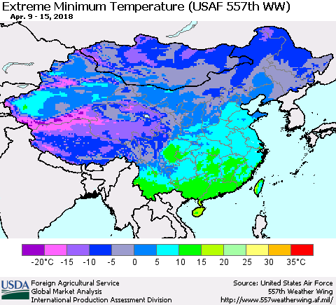 China, Mongolia and Taiwan Minimum Daily Temperature (USAF 557th WW) Thematic Map For 4/9/2018 - 4/15/2018