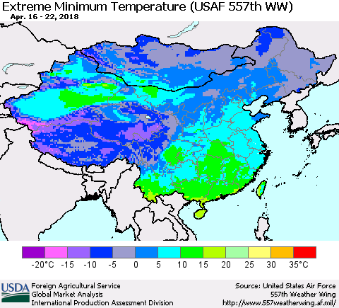 China, Mongolia and Taiwan Minimum Daily Temperature (USAF 557th WW) Thematic Map For 4/16/2018 - 4/22/2018