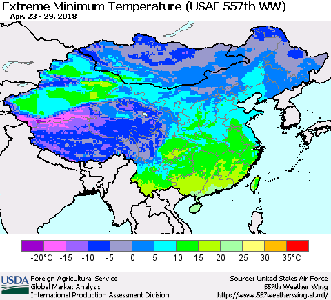 China, Mongolia and Taiwan Minimum Daily Temperature (USAF 557th WW) Thematic Map For 4/23/2018 - 4/29/2018