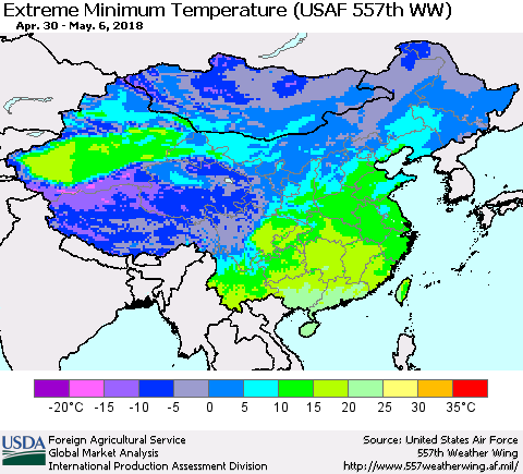 China, Mongolia and Taiwan Minimum Daily Temperature (USAF 557th WW) Thematic Map For 4/30/2018 - 5/6/2018