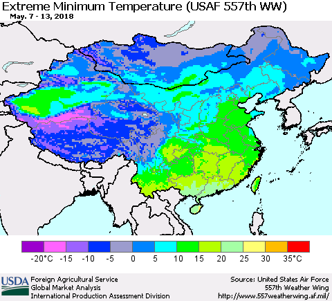 China, Mongolia and Taiwan Minimum Daily Temperature (USAF 557th WW) Thematic Map For 5/7/2018 - 5/13/2018
