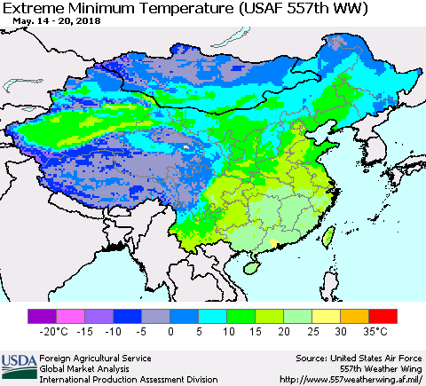 China, Mongolia and Taiwan Minimum Daily Temperature (USAF 557th WW) Thematic Map For 5/14/2018 - 5/20/2018