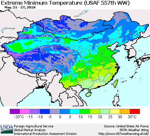 China, Mongolia and Taiwan Minimum Daily Temperature (USAF 557th WW) Thematic Map For 5/21/2018 - 5/27/2018