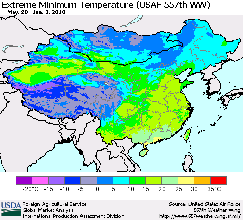 China, Mongolia and Taiwan Minimum Daily Temperature (USAF 557th WW) Thematic Map For 5/28/2018 - 6/3/2018