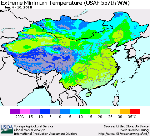 China, Mongolia and Taiwan Minimum Daily Temperature (USAF 557th WW) Thematic Map For 6/4/2018 - 6/10/2018