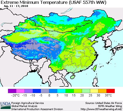 China, Mongolia and Taiwan Minimum Daily Temperature (USAF 557th WW) Thematic Map For 6/11/2018 - 6/17/2018