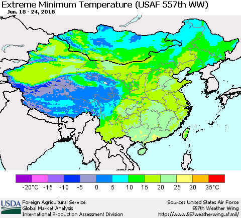 China, Mongolia and Taiwan Minimum Daily Temperature (USAF 557th WW) Thematic Map For 6/18/2018 - 6/24/2018