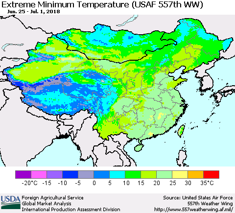 China, Mongolia and Taiwan Minimum Daily Temperature (USAF 557th WW) Thematic Map For 6/25/2018 - 7/1/2018